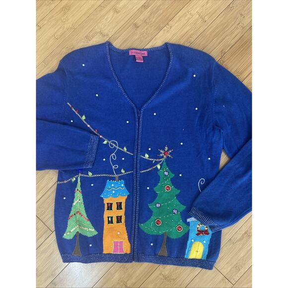 Bobbie Bell Christmas Cardigan Sweater Holiday Village Scene Embellish Festive L - Picture 1 of 7